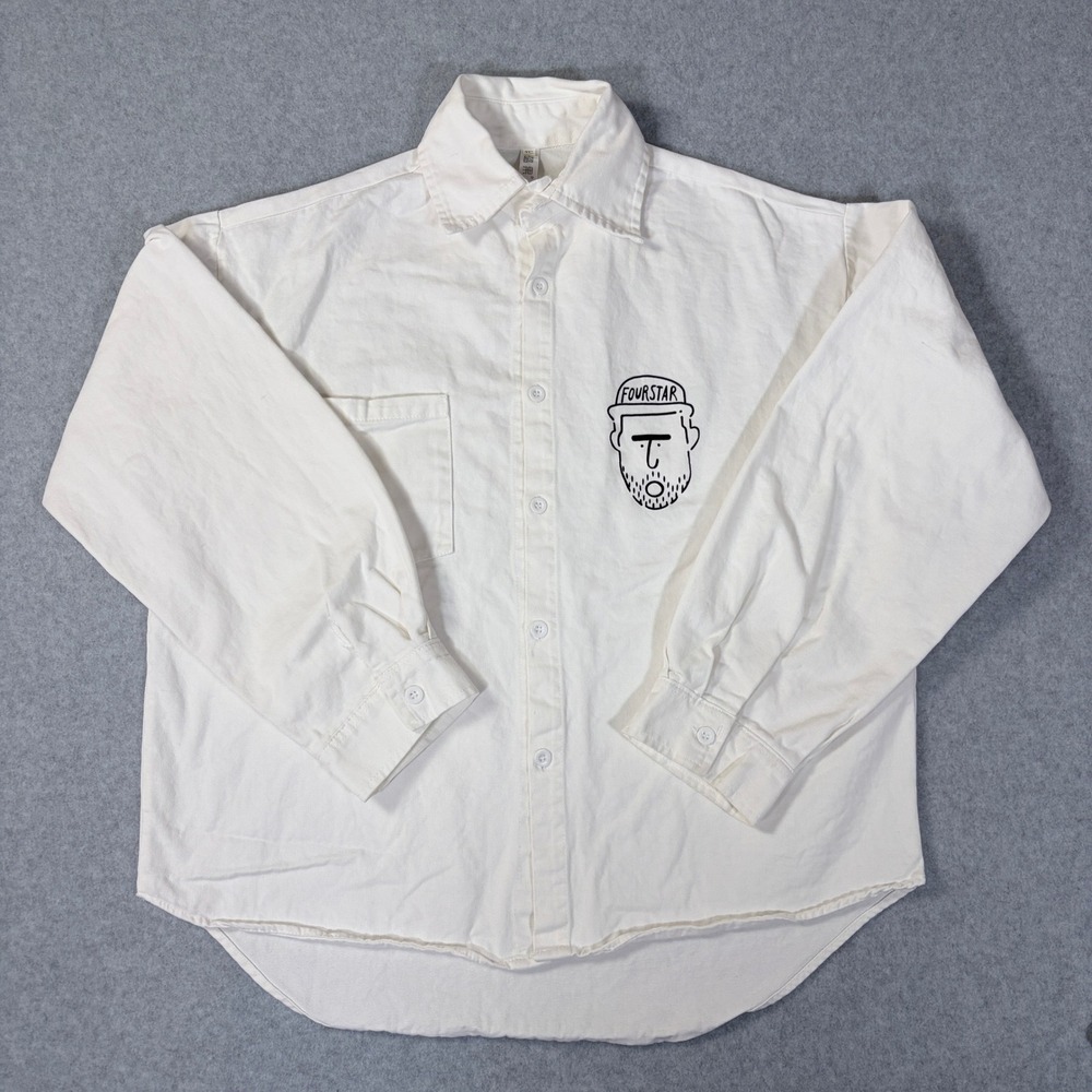 Luguo White Graphic Button Down Shirt Mens 3XL Fourstar NY Line Art Long Sleeve